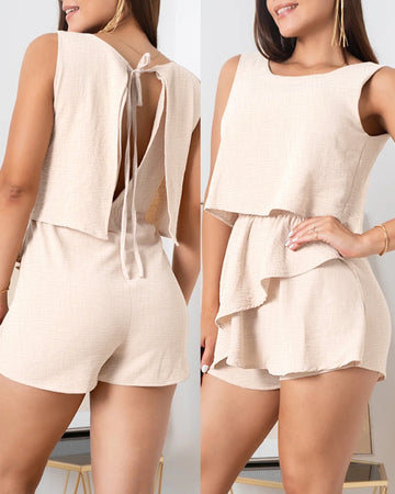 Faux Two Piece Sleeveless Back Lace Up Romper Casual Ruffles Slim Fit Jumpsuit